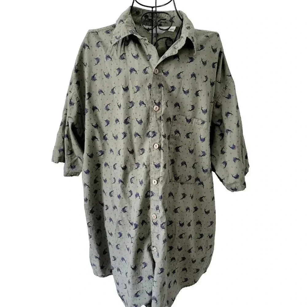 Columbia Button Up Shirt XL Men's Dark Khaki Sword Fish Fishing Short Sleeve